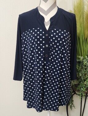 Elie McCarthy Navy and White Polka Dot Button-Front Blouse